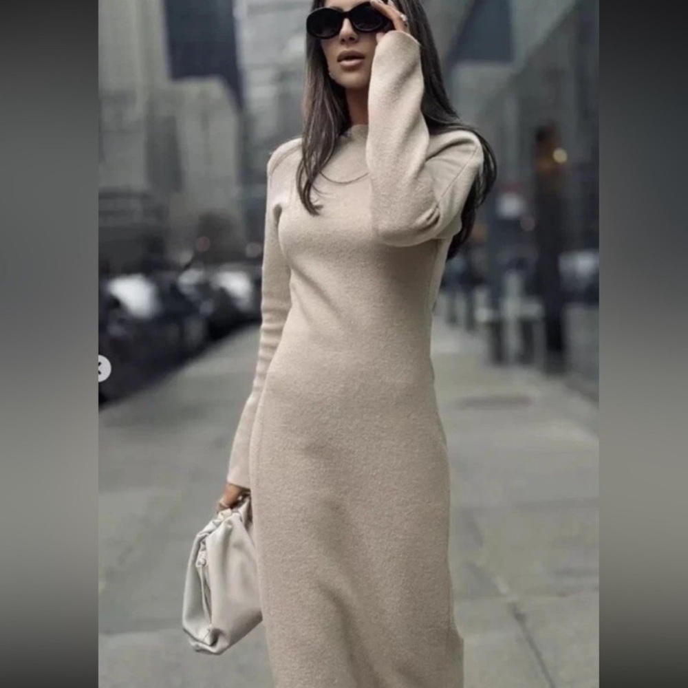 New ZARA Long Sleeve Bouclé Wool Dress ZW Collection - Picture 2 of 8